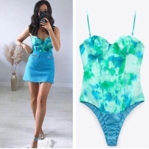 Zara blue green tie-dye ombre spaghetti strap bustier corset bodysuit Sz S NWOT